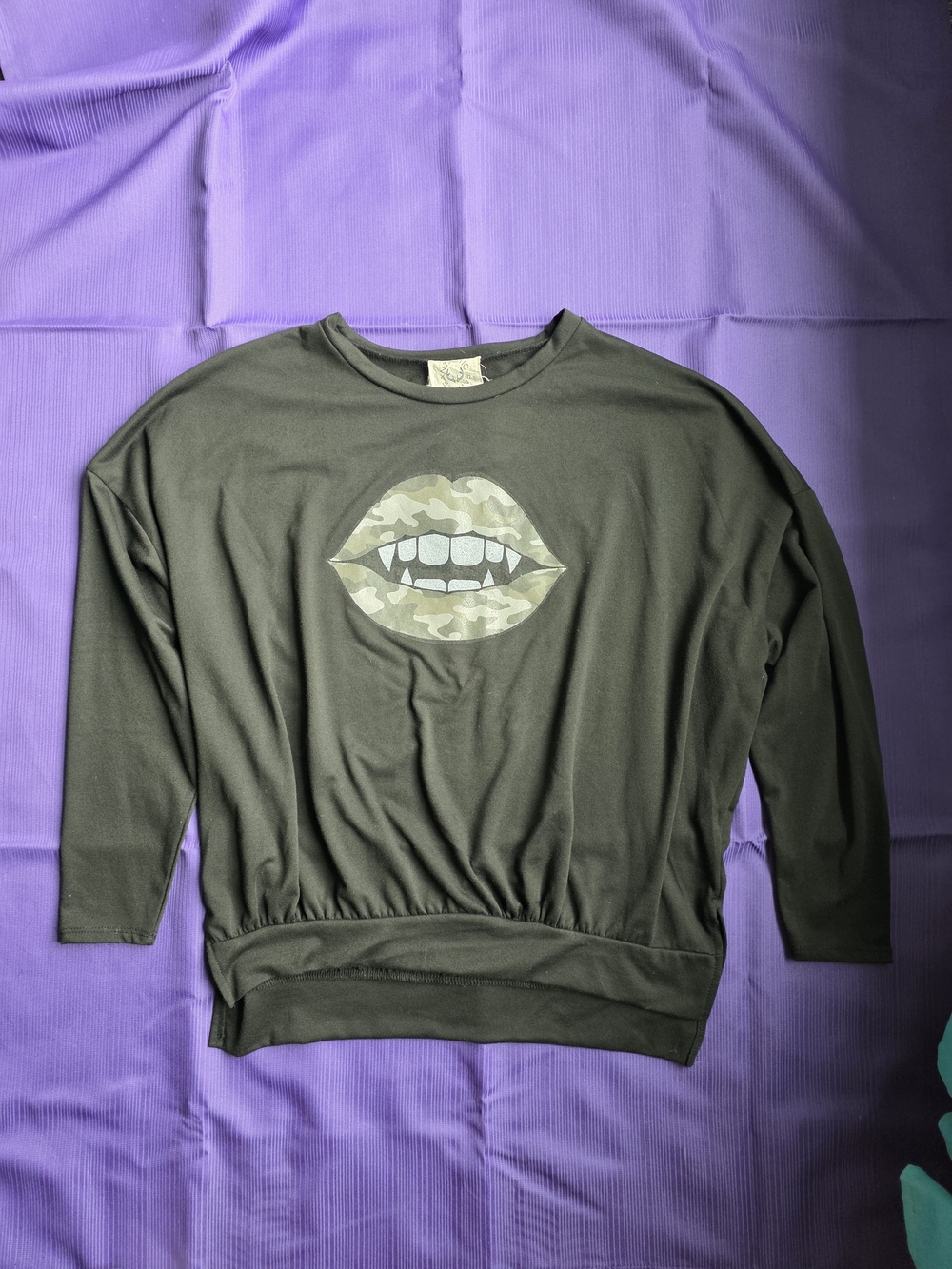 Womens Black Graphic Top with Camo Halloween Lips
